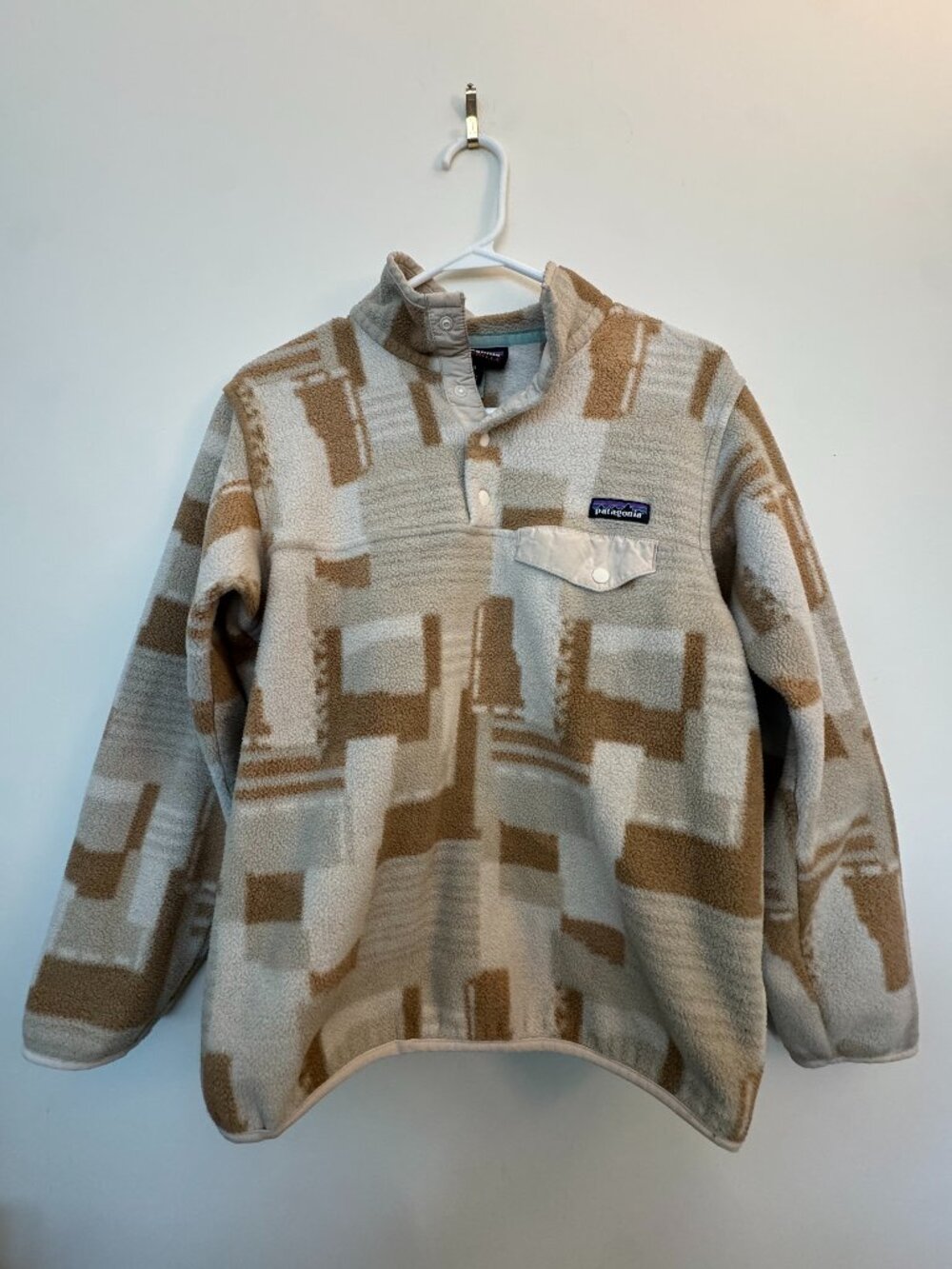 PATAGONIA Synchilla Snap T Fleece Pullover Women’s Med Tan, Oatmeal, Cream Block